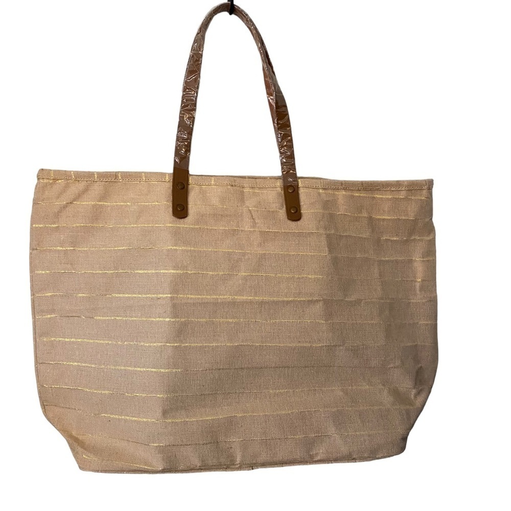 THE ROYAL STANDARD Shimmer Striped Oversized Tote Bag Natural/ Slate Embr w/ [R] - Picture 2 of 5